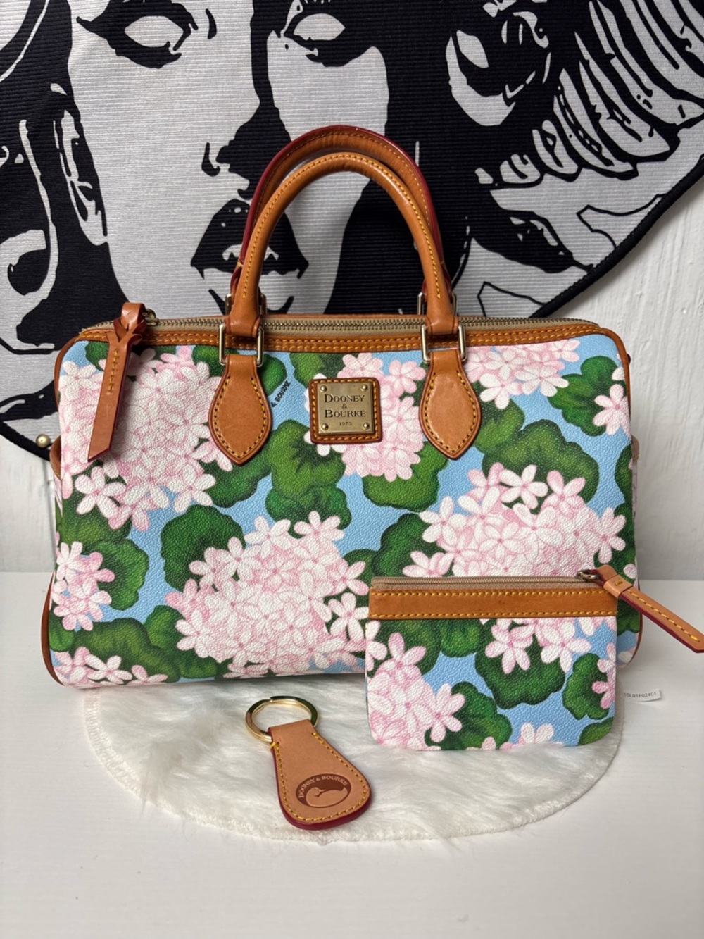 Dooney&Bourke Hydrangea Basketweave Zip Satchel matching coin purse & key chain